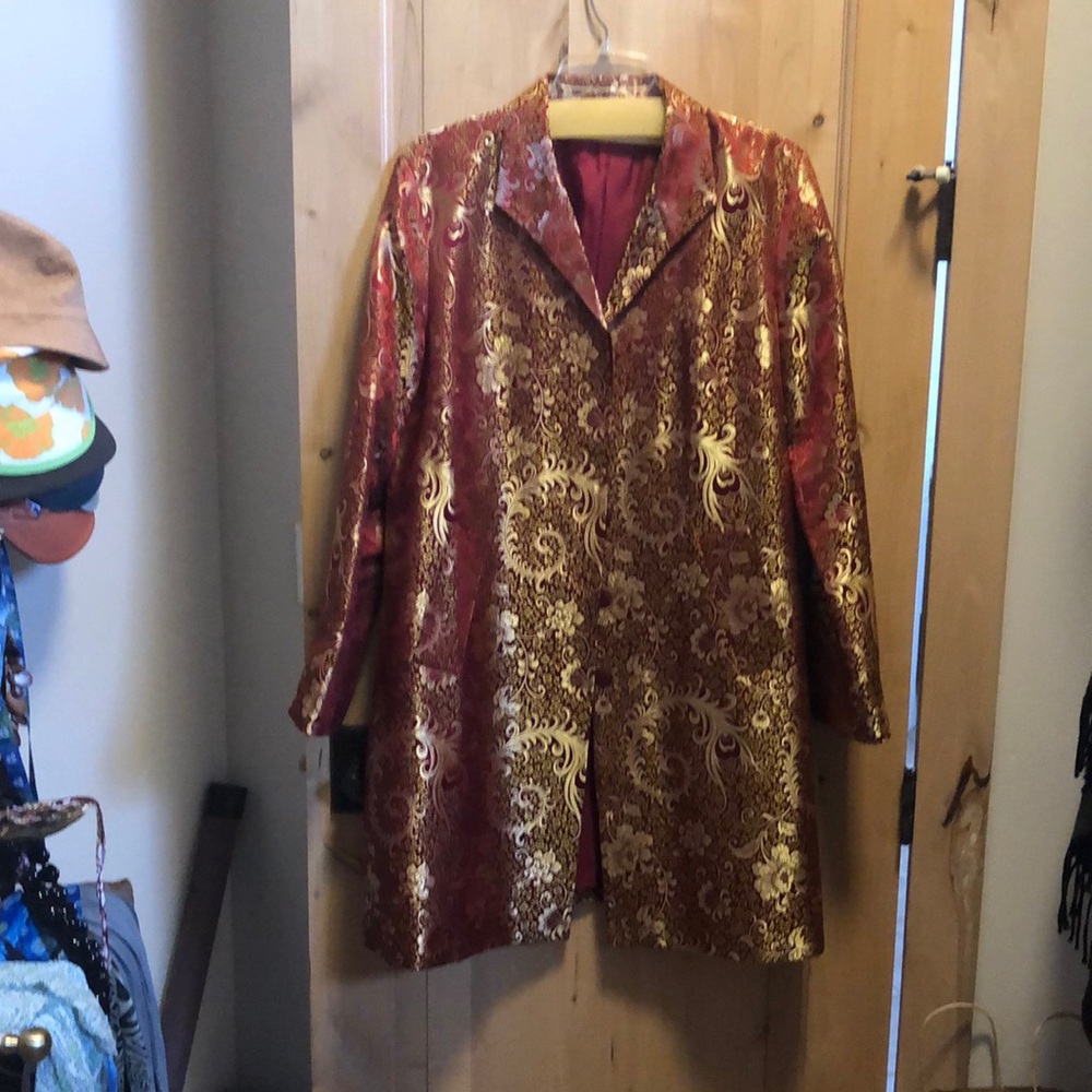 Vintage red and gold Asian inspired long jacket -L